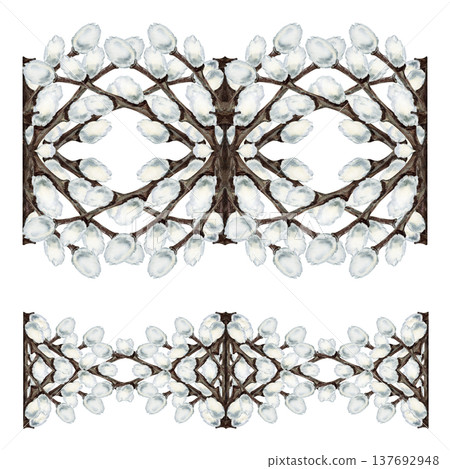 Decorative ornament of pussy willow branches. Watercolor spring botanical element isolated on white background for Easter, wedding, greeting cards, invitations, packaging and textile decoration 137692948