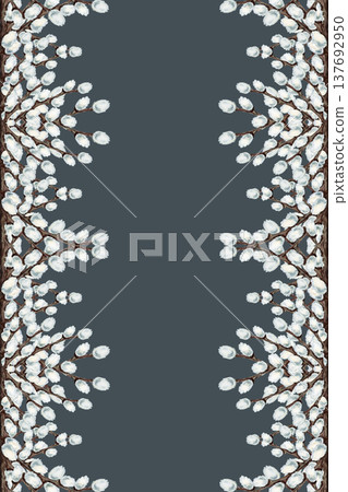 Watercolor botanical frame with decorative pussy willow borders. Hand painted spring branches border for Easter greeting cards, church, wedding invitations, stationery design, packaging, prints. Watercolor botanical frame with decorative pussy willow borders. Hand painted spring branches border for Easter greeting cards, church, wedding invitations, stationery design, packaging, prints. 137692950