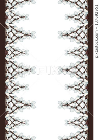 Watercolor botanical frame with decorative pussy willow borders. Hand painted spring branches border for Easter greeting cards, church, wedding invitations, stationery design, packaging, prints. 137692951