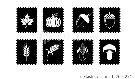 Black Solid Autumn Themed Postage Stamp Silhouette Collection 137693254