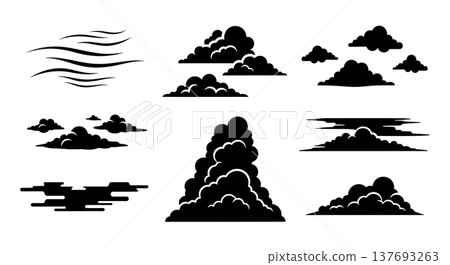 Black Solid Autumn Cloud Formation Silhouette Shapes Set of Six 137693263