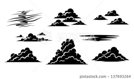 Black Solid Autumn Cloud Formation Silhouette Shapes Set of Six 137693264