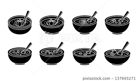Black Solid Hearty Autumn Soup Bowl Silhouette Icons Set of Six 137693271