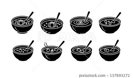 Black Solid Hearty Autumn Soup Bowl Silhouette Icons Set of Six 137693272