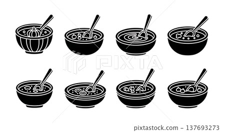 Black Solid Hearty Autumn Soup Bowl Silhouette Icons Set of Six 137693273
