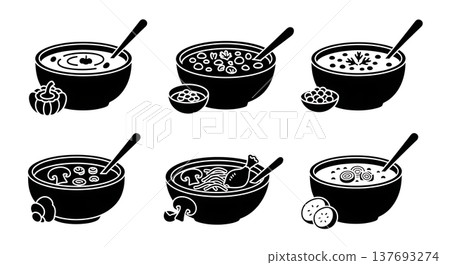 Black Solid Hearty Autumn Soup Bowl Silhouette Icons Set of Six 137693274