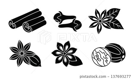 Black Solid Autumn Spice and Herb Icon Silhouettes Set of Six 137693277