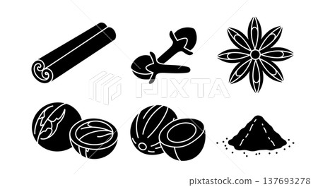 Black Solid Autumn Spice and Herb Icon Silhouettes Set of Six 137693278