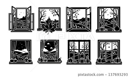 Black Solid Autumn Window Scene Silhouette Compositions Set of Six Black Solid Autumn Window Scene Silhouette Compositions Set of Six 137693293