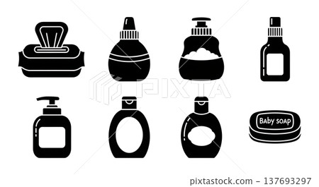 Black Solid Baby Care Products Silhouettes Set of Six on White Background Black Solid Baby Care Products Silhouettes Set of Six on White Background 137693297