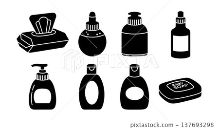 Black Solid Baby Care Products Silhouettes Set of Six on White Background Black Solid Baby Care Products Silhouettes Set of Six on White Background 137693298