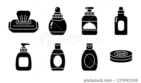 Black Solid Baby Care Products Silhouettes Set of Six on White Background 137693299