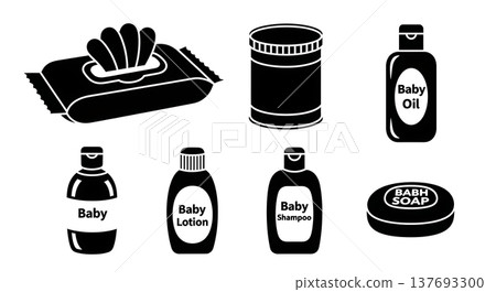 Black Solid Baby Care Products Silhouettes Set of Six on White Background 137693300