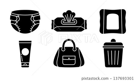 Black Solid Baby Changing Essentials Silhouettes Set of Six on White Background Black Solid Baby Changing Essentials Silhouettes Set of Six on White Background 137693301