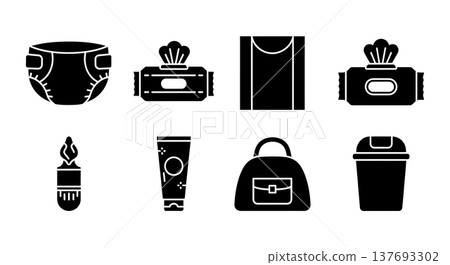 Black Solid Baby Changing Essentials Silhouettes Set of Six on White Background 137693302