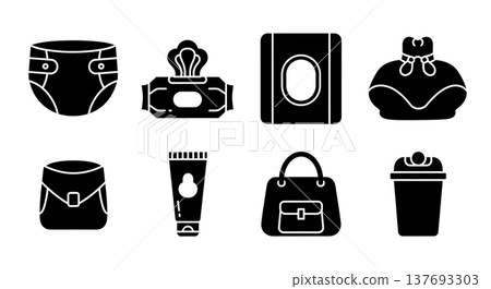 Black Solid Baby Changing Essentials Silhouettes Set of Six on White Background 137693303