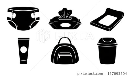 Black Solid Baby Changing Essentials Silhouettes Set of Six on White Background Black Solid Baby Changing Essentials Silhouettes Set of Six on White Background 137693304
