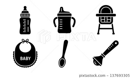 Black Solid Baby Feeding Items Silhouettes Set of Six on White Background 137693305
