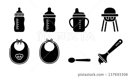 Black Solid Baby Feeding Items Silhouettes Set of Six on White Background 137693306