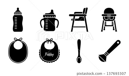 Black Solid Baby Feeding Items Silhouettes Set of Six on White Background Black Solid Baby Feeding Items Silhouettes Set of Six on White Background 137693307