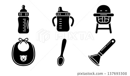 Black Solid Baby Feeding Items Silhouettes Set of Six on White Background Black Solid Baby Feeding Items Silhouettes Set of Six on White Background 137693308