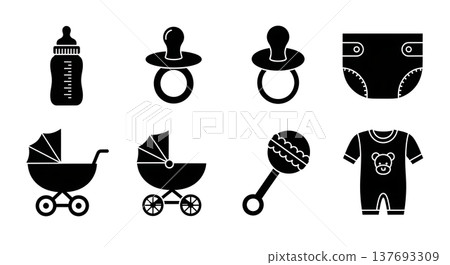 Black Solid Baby Items Silhouettes Set of Six on White Background Black Solid Baby Items Silhouettes Set of Six on White Background 137693309
