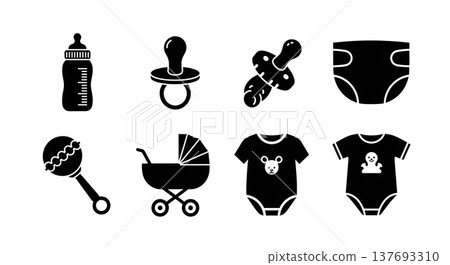 Black Solid Baby Items Silhouettes Set of Six on White Background Black Solid Baby Items Silhouettes Set of Six on White Background 137693310