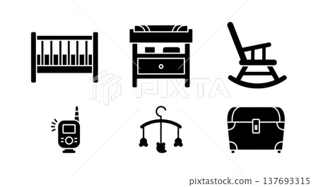 Black Solid Baby Nursery Items Silhouettes Set of Six on White Background Black Solid Baby Nursery Items Silhouettes Set of Six on White Background 137693315