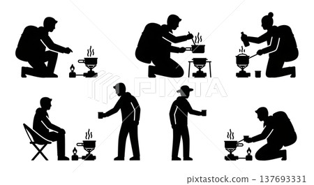 Black Solid Camp Cooking Silhouettes Set of Six on White Background 137693331