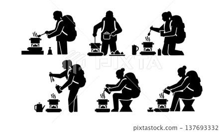 Black Solid Camp Cooking Silhouettes Set of Six on White Background 137693332