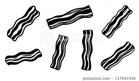 Black Solid Bacon Silhouettes Set of Six on White Background Black Solid Bacon Silhouettes Set of Six on White Background 137693346