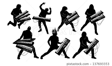 Black Solid Bagpipe Player Silhouettes Set of Six on White Background 137693353