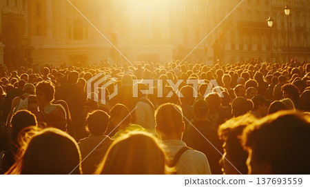Large Crowd of People Walking Towards a Bright Golden Sunset in a Busy Urban City Square During Golden Hour Large Crowd of People Walking Towards a Bright Golden Sunset in a Busy Urban City Square During Golden Hour 137693559