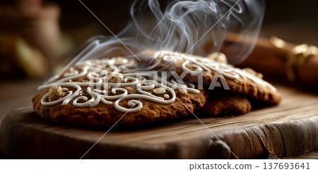 Soft focus bakery environment highlighting stacked cookies and rustic baking tools Soft focus bakery environment highlighting stacked cookies and rustic baking tools 137693641