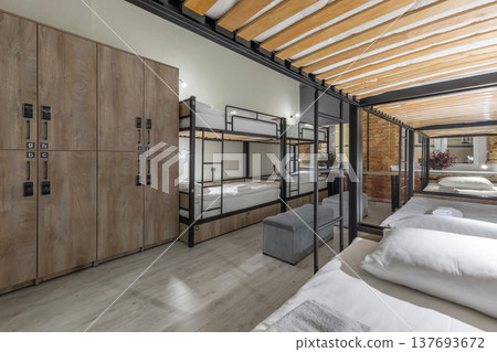Hostel Dormitory with Bunk Beds and Wooden Electronic Lockers 137693672