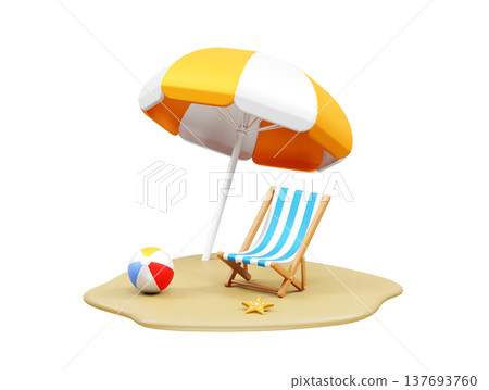 Beach area icon. 3d render beach with parasol, sand bucket, starfish and beach chair icon illustration Beach area icon. 3d render beach with parasol, sand bucket, starfish and beach chair icon illustration 137693760