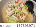 Pork and vegetable rolls in napa cabbage 137693971