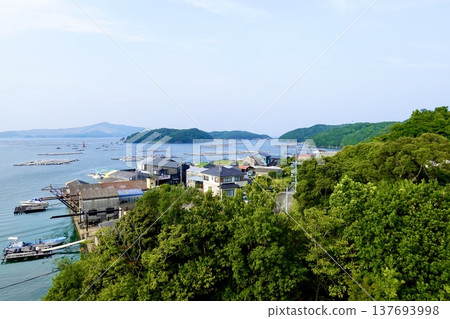在三重縣鳥羽市伊勢志摩市峰浦溫泉的生浦灣，牡蠣養殖筏漂浮在海面上。 137693998