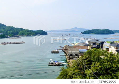 在三重縣鳥羽市伊勢志摩市峰浦溫泉的生浦灣，牡蠣養殖筏漂浮在海面上。 137693999