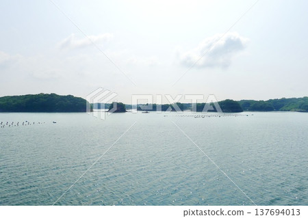 伊勢志摩:從遊輪上眺望三重縣志摩市阿戈灣平靜的大海和島嶼。 伊勢志摩:從遊輪上眺望三重縣志摩市阿戈灣平靜的大海和島嶼。 137694013