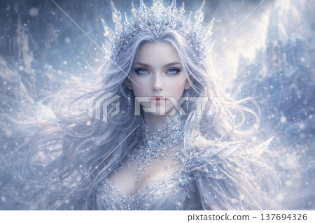 Ethereal Ice Queen With Crystal Crown in Winter Snow 137694326