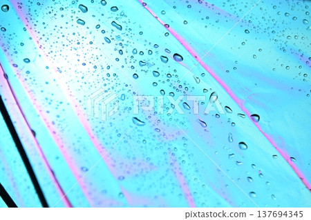 A texture material of water droplets enveloped in vibrant cyan and pink light. 137694345