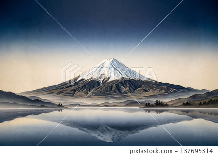 一幅數位藝術作品，風格類似插畫，描繪了富士山倒映在湖面上的景象。 137695314