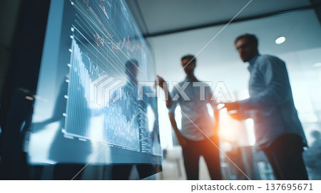 Business team reviewing quarterly market performance data on transparent display, modern boardroom interior, soft daylight, realistic corporate documentary style 137695671