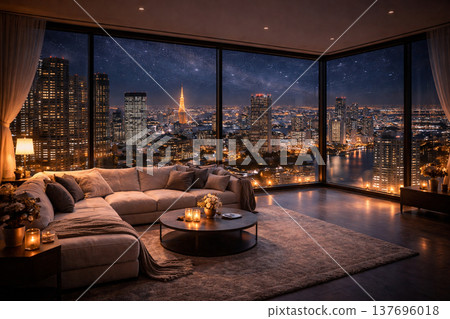 A spacious living room in a high-rise apartment building, where the beautiful illuminations visible from the windows are stunning. 137696018