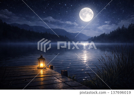 Bathed in the soft light of red lanterns floating on the lake under a large full moon and starry sky. 137696019
