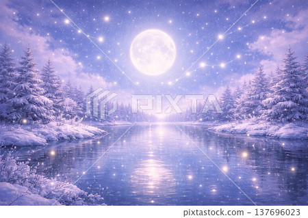 A fantastical landscape painting of the full moon reflected in a lake on a full moon night. 137696023