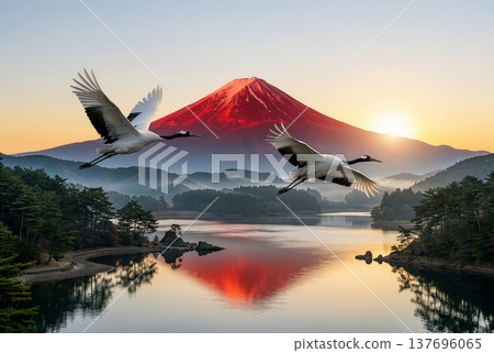 Two red-crowned cranes soar over the lake at dawn, with Mount Fuji in the background. 137696065