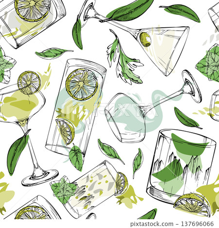 Vector seamless pattern of lime, mint, iconic clear cocktails and lemonade glasses with accent fills. Hand drawn in ink for wrapping paper, textiles, packaging, recipe backgrounds and mixology blogs. 137696066