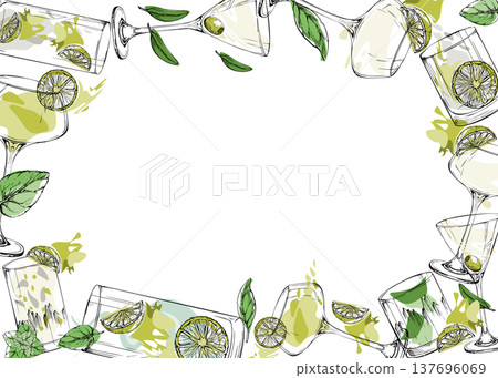 Crisp vector frame of lime-green cocktails in clean outlines. Hand drawn in ink for recipe headers, blog borders, mixology branding, packaging strips, themed stationery and elegant digital edges. 137696069